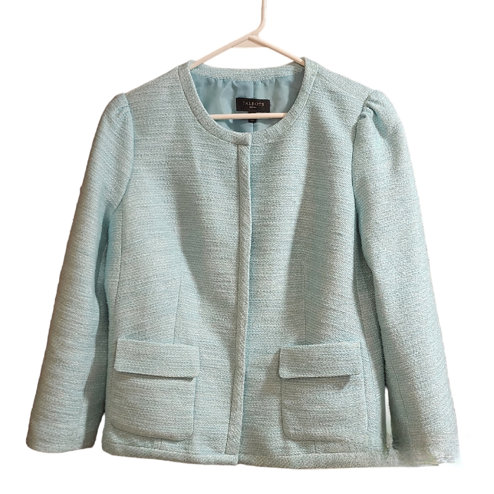 Talbots Light Blue Tweed Blazer Jacket Snap Button Front Sz 14P Cotton Blend EUC
